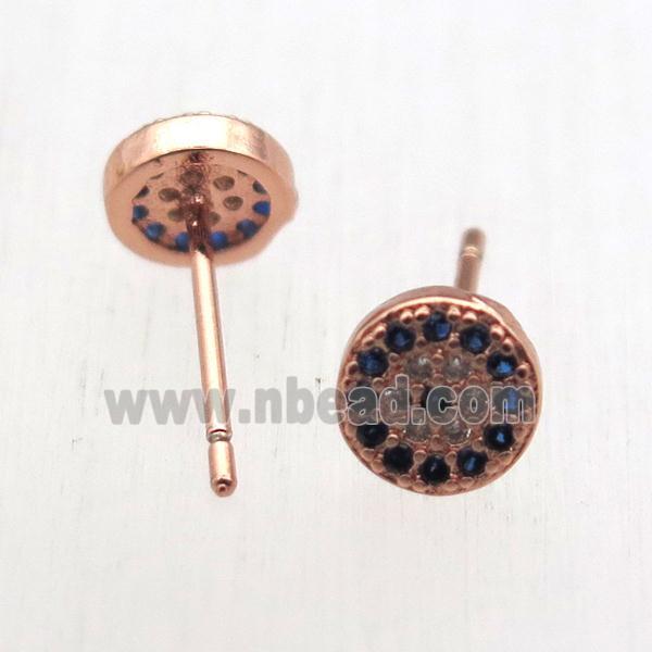 copper stud Earrings pave zircon, circle, rose gold