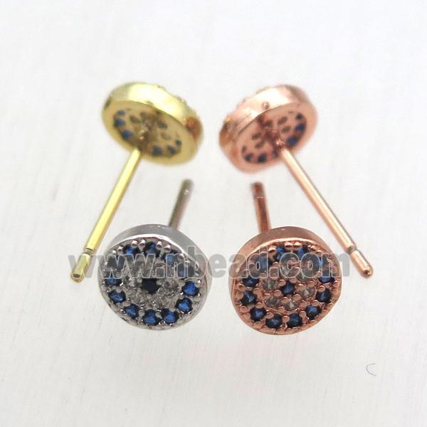 copper stud Earrings pave zircon, circle, mixed color