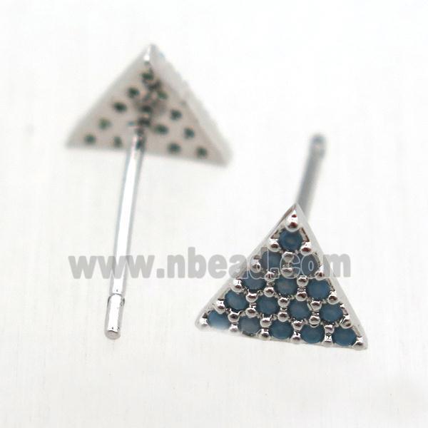 copper stud Earrings pave zircon, triangle, platinum plated