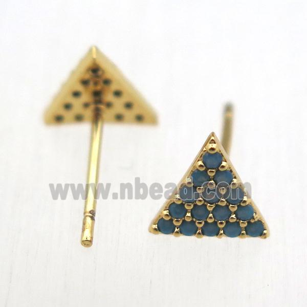 copper stud Earrings pave zircon, triangle, gold plated