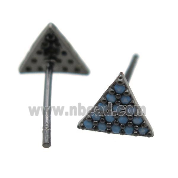 copper stud Earrings pave zircon, triangle, black plated