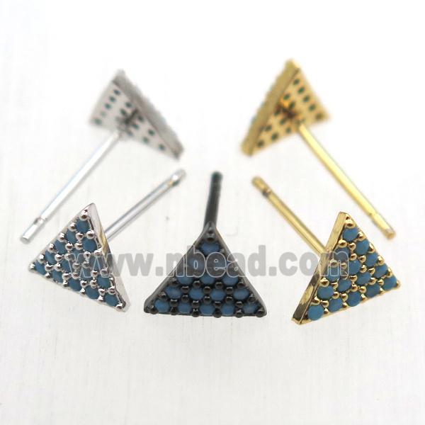 copper stud Earrings pave zircon, triangle, mixed color