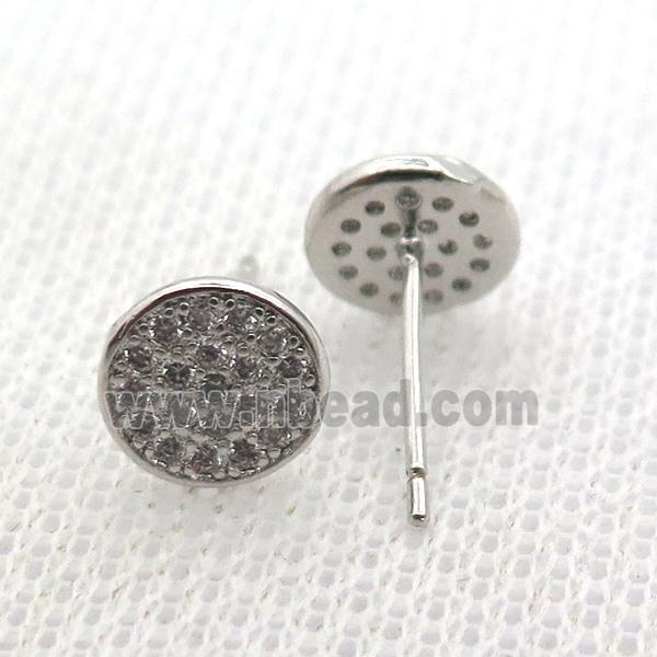 copper stud Earrings pave zircon, circle, platinum plated