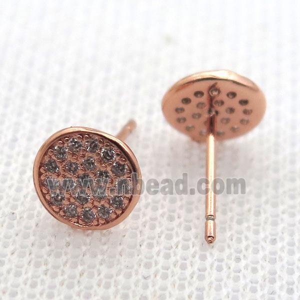 copper stud Earrings pave zircon, circle, rose gold