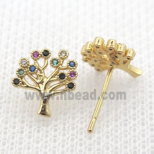 copper stud Earrings pave zircon, tree of life, gold plated