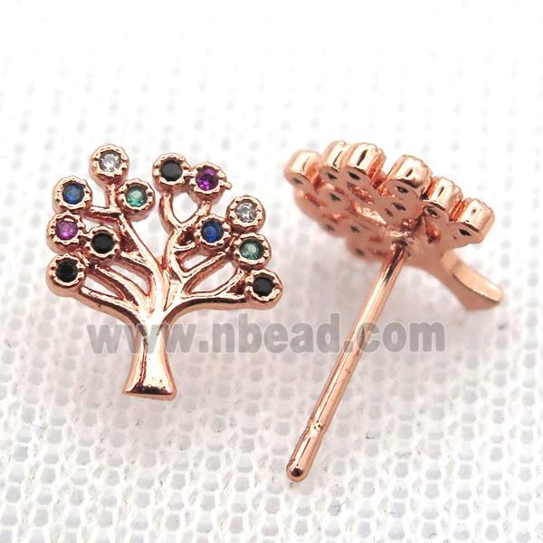 copper stud Earrings pave zircon, tree of life, rose gold