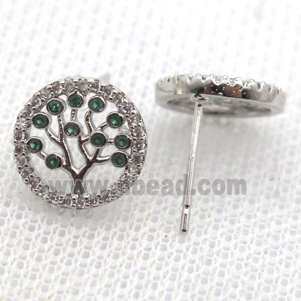 copper stud Earrings pave zircon, tree of life, platinum plated