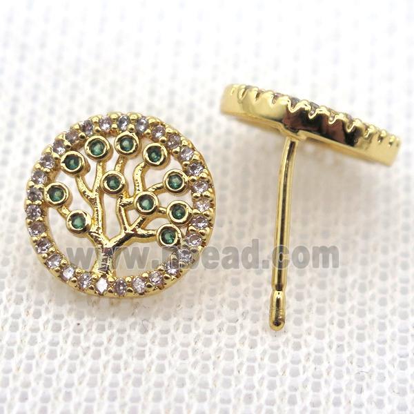 copper stud Earrings pave zircon, tree of life, gold plated