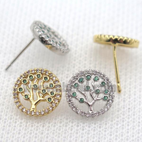 copper stud Earrings pave zircon, tree of life, mixed