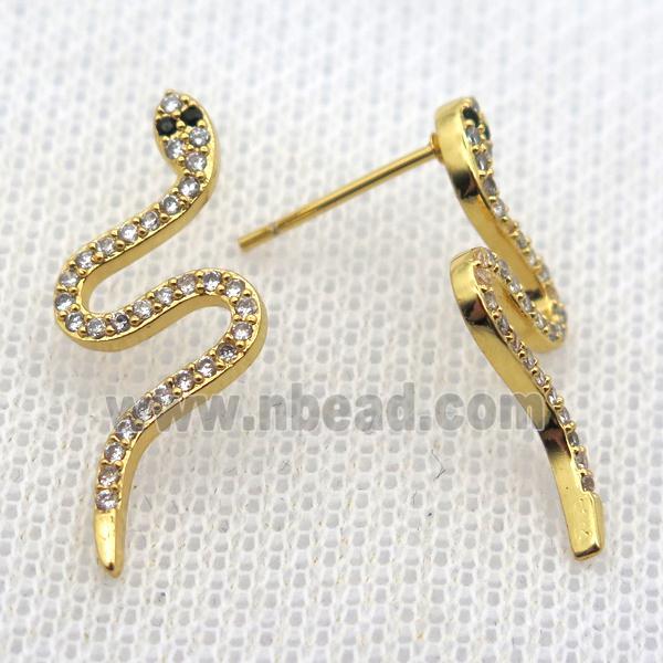 copper stud Earrings pave zircon, snake, gold plated