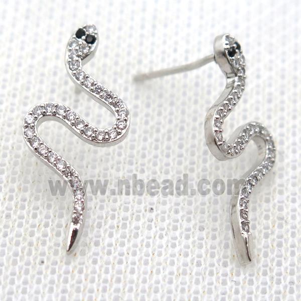copper stud Earrings pave zircon, snake, platinum plated
