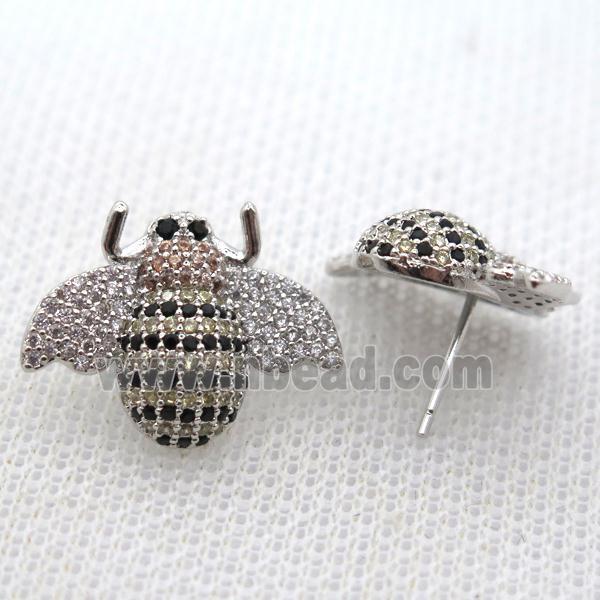 copper honeybee earring studs pave zircon, platinum plated