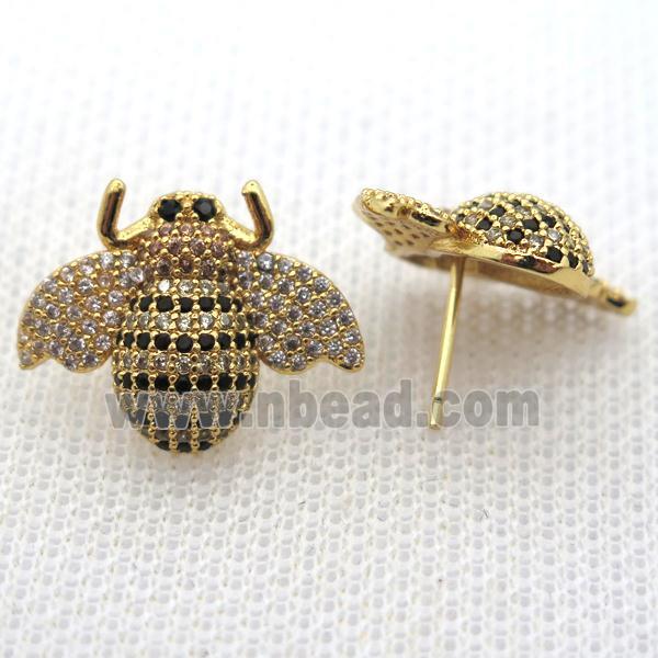 copper honeybee earring studs pave zircon, gold plated