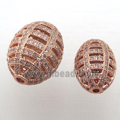 copper barrel beads pave zircon, hollow, rose gold