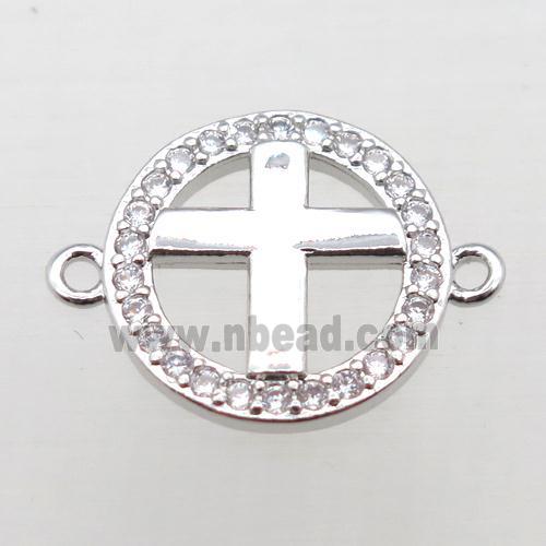 copper circle cross connector pave zircon, platinum plated