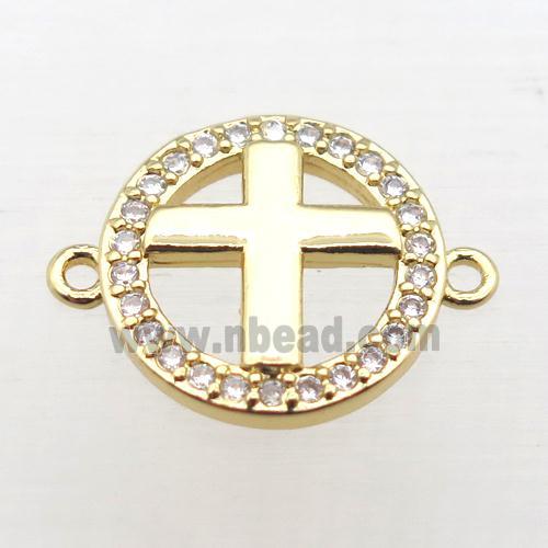 copper circle cross connector pave zircon, gold plated