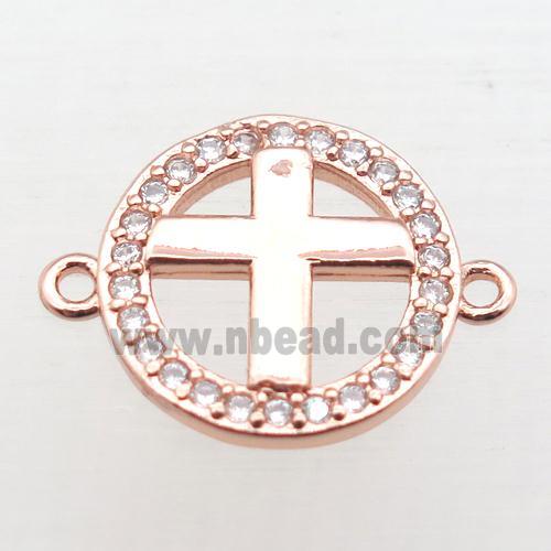 copper circle cross connector pave zircon, rose gold
