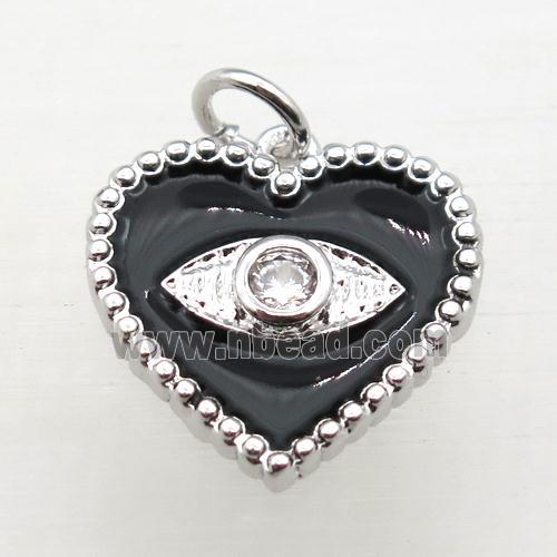 copper heart connector pave zircon whit black Enameling, platinum plated