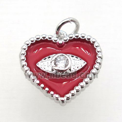 copper heart connector pave zircon whit red Enameling, platinum plated
