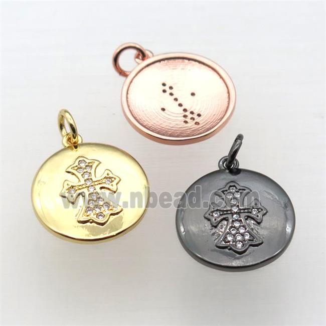 copper circle cross pendant pave zircon, mixed color