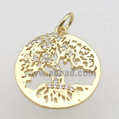 copper tree pendant pave zircon, gold plated