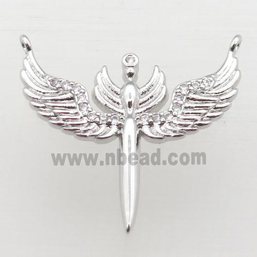 copper pendant pave zircon with 2loops, angel wing, platinum plated