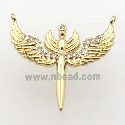 copper pendant pave zircon, angel wing, gold plated