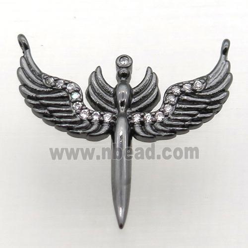 copper pendant pave zircon, angel wing, black plated