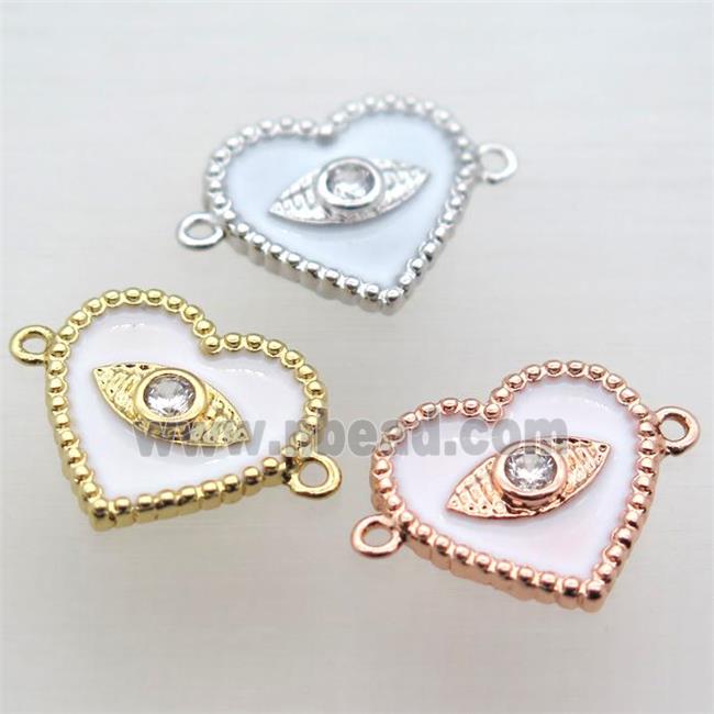 copper heart connector pave zircon with white Enameling, mixed color