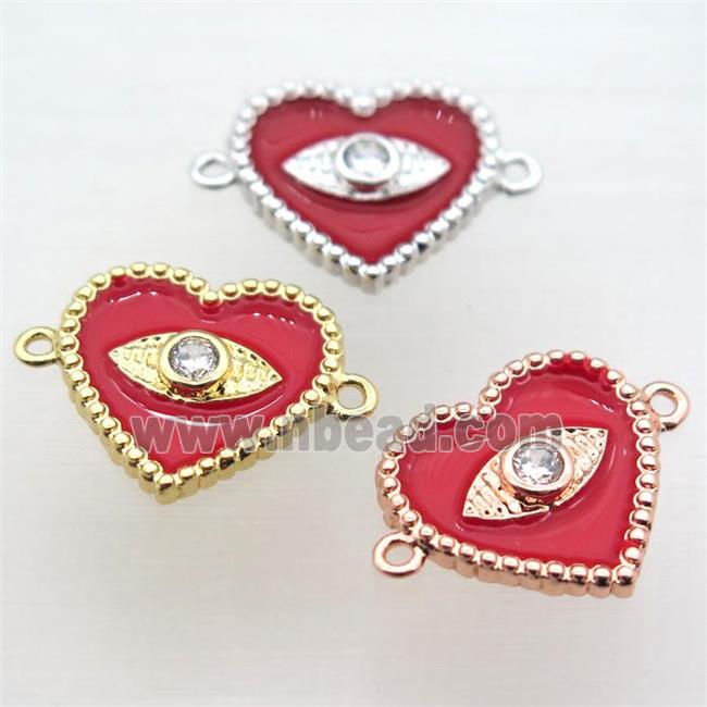 copper heart connector pave zircon with red Enameling, mixed color