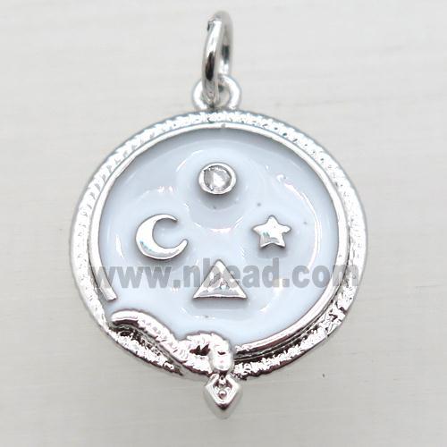 copper circle pendant pave zircon with enameling, platinum plated