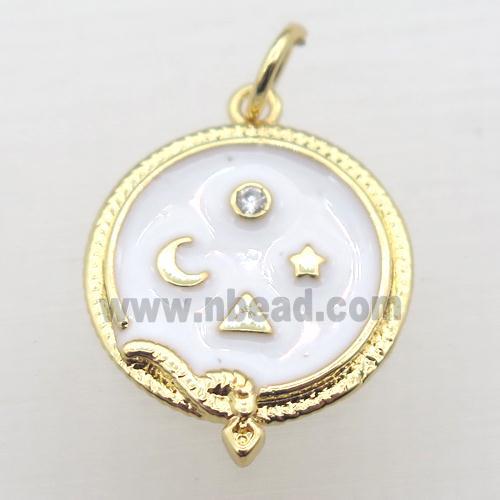 copper circle pendant pave zircon with enameling, gold plated