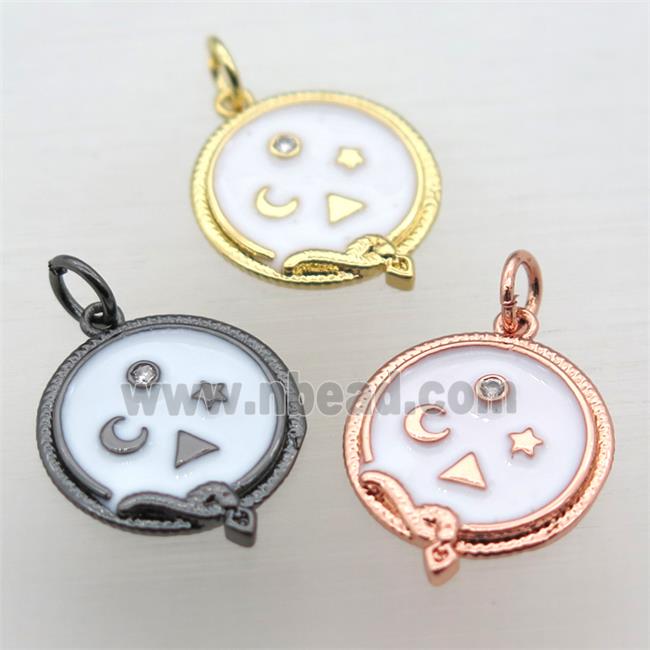 copper circle pendant pave zircon with white enameling, mixed color