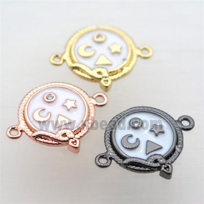 copper circle connector pave zircon with white enameling, mixed color