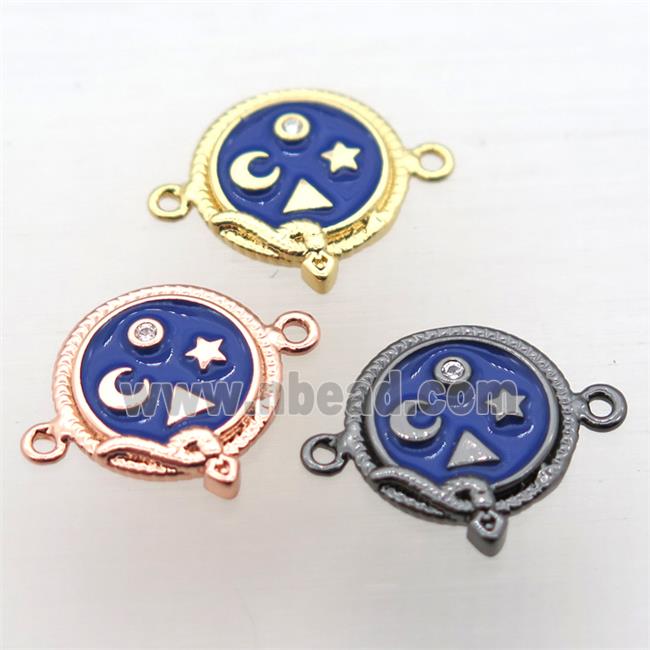 copper circle connector pave zircon with blue enameling, mixed color