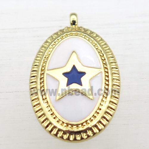 copper oval pendant with star enameling, gold plated