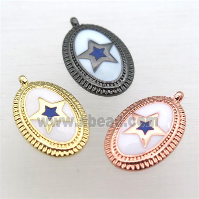 copper oval pendant with star white enameling, mixed color
