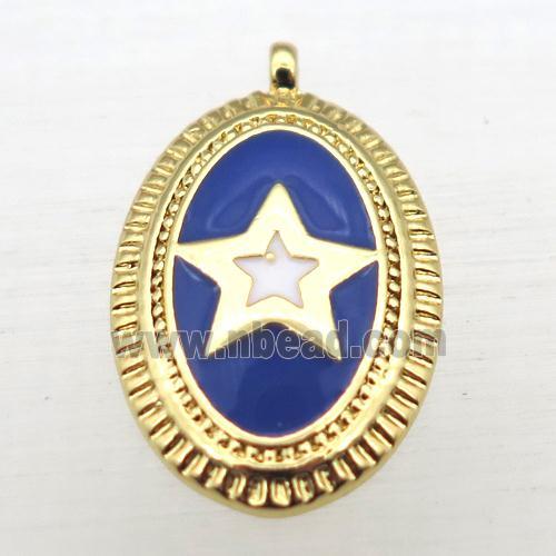 copper oval pendant with star enameling, gold plated