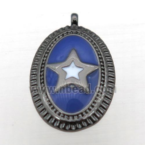 copper oval pendant with star enameling, black plated