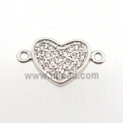 copper connector pave zircon, heart, platinum plated