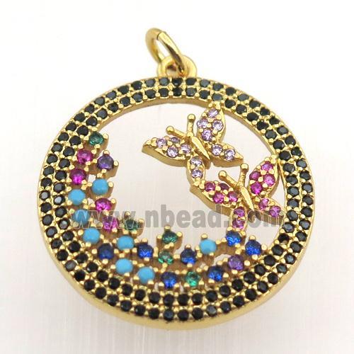 copper circle pendant pave zircon, butterfly, gold plated
