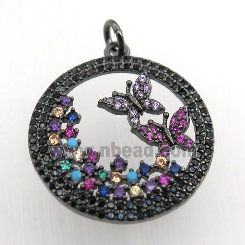 copper circle pendant pave zircon, butterfly, black plated