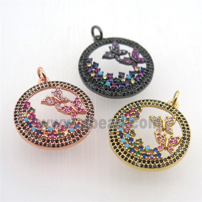 copper circle pendant pave zircon, butterfly, mixed color