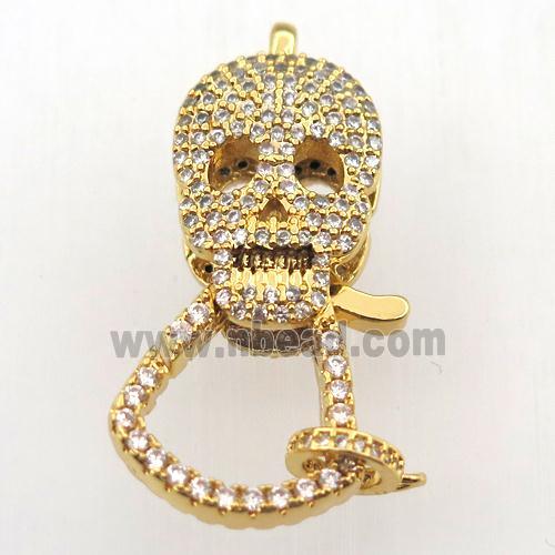 copper skull clasp pave zircon, gold plated
