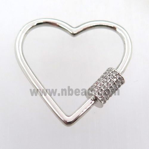 copper carabiner lock pave zircon, heart, platinum plated