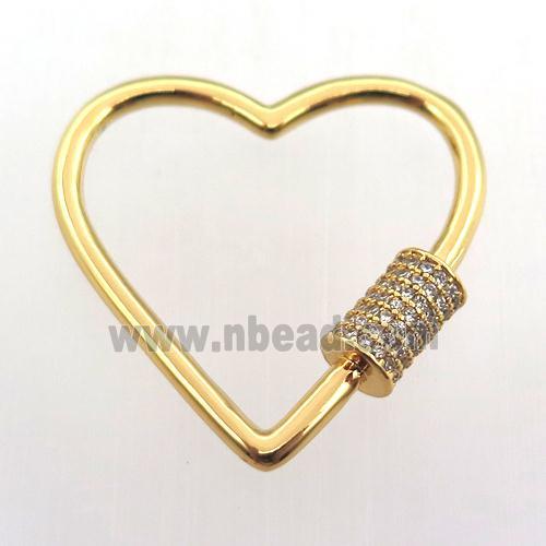 copper carabiner lock pave zircon, heart, gold plated