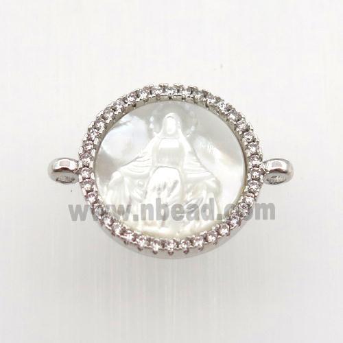 copper circle connector pave zircon with shell Jesu, platinum plated