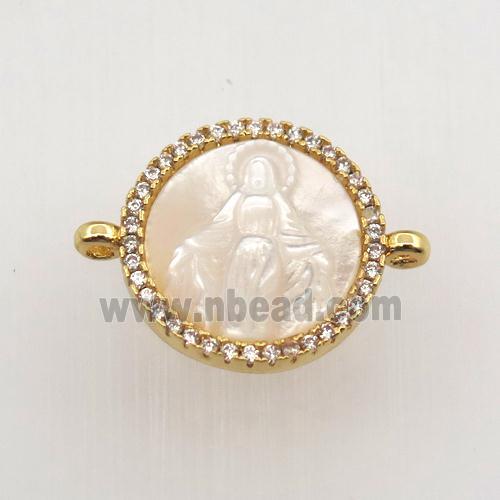 copper circle connector pave zircon with shell Jesu, gold plated