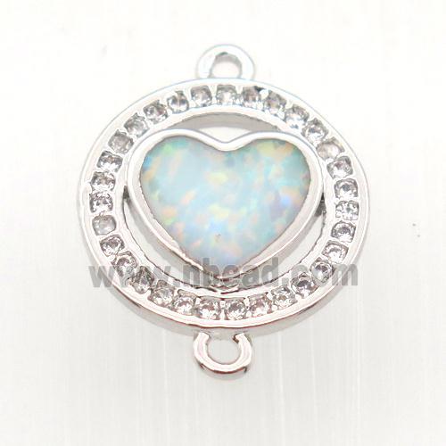 copper circle connector pave zircon with fire opal heart, platinum plated