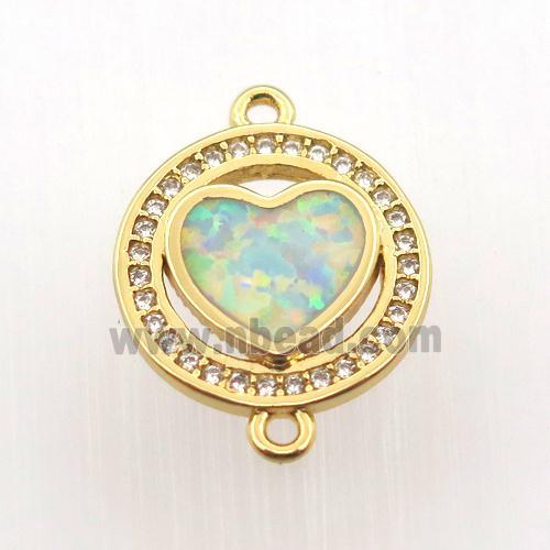 copper circle connector pave zircon with fire opal heart, gold plated